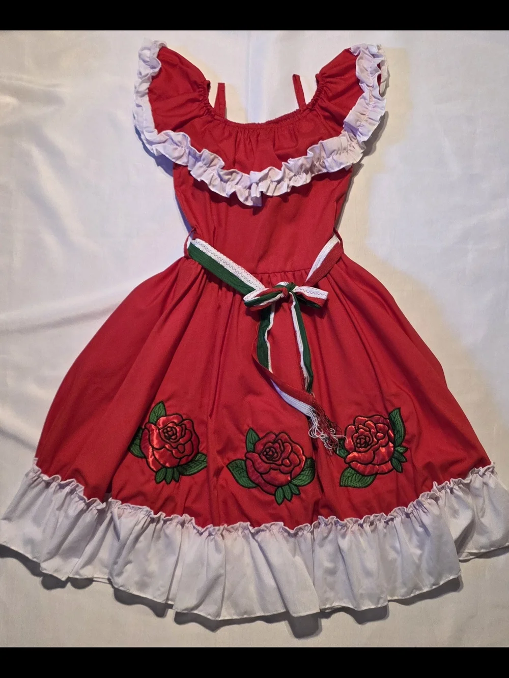 Mexican Dress for Girls Folkloric Traditional Off-Shoulder Red Ruffle Embroidery
